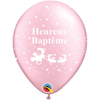 Ballon latex-Heureux Baptême rose perlé