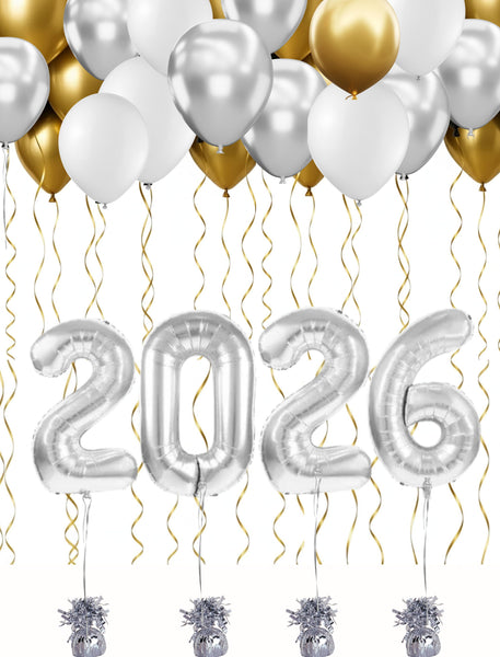 Forfait Ballons Nouvel an 2026-Argent, Or et Blanc