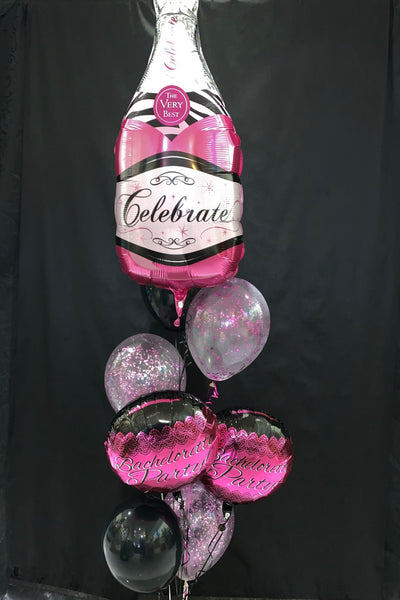 Bouquet de ballons forme de bouteille de champagne couleurs rose et noir