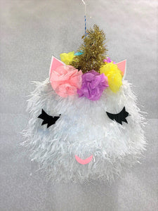 Piñata ronde tête de licorne blanche avec corne or yeux noir