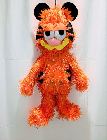 Piñata en forme de chat debout couleur orange et noir
